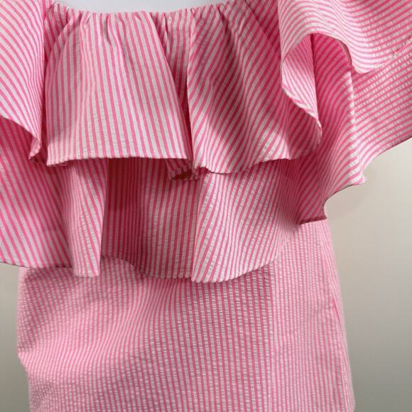Lilly Pulitzer Seersucker Trixie One Shoulder Ruffle Top XS Pink & White Stripe - Picture 9 of 14